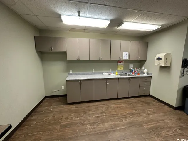 Cabinetry with a built-in sink, wood-finish flooring, and recessed lighting