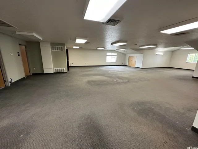 Expansive open-concept room featuring carpet flooring and multiple windows providing natural illumination