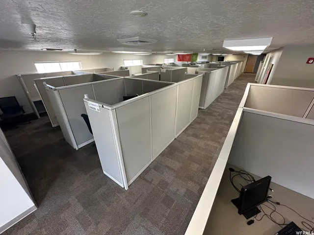 Open-plan office area featuring multiple cubicle workstations