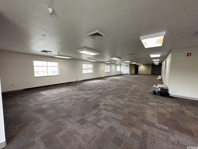 Expansive open area featuring patterned carpet flooring, multiple windows providing natural illumination, and flush-mounted ceiling lighting fixtures