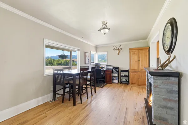 Bright interior space featuring light wood-finish flooring, a stone-faced fireplace with a dark mantel, and crown molding