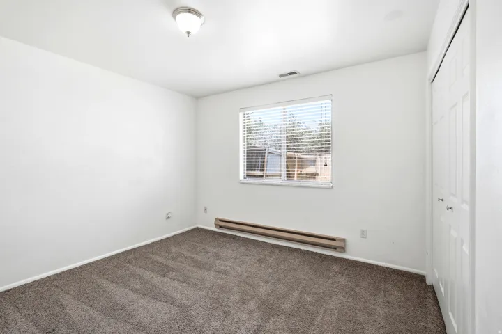 Spacious interior room featuring a neutral color palette, plush carpet flooring, a window with horizontal blinds, built-in bi-fold closet doors, and a ceiling-mounted light fixture