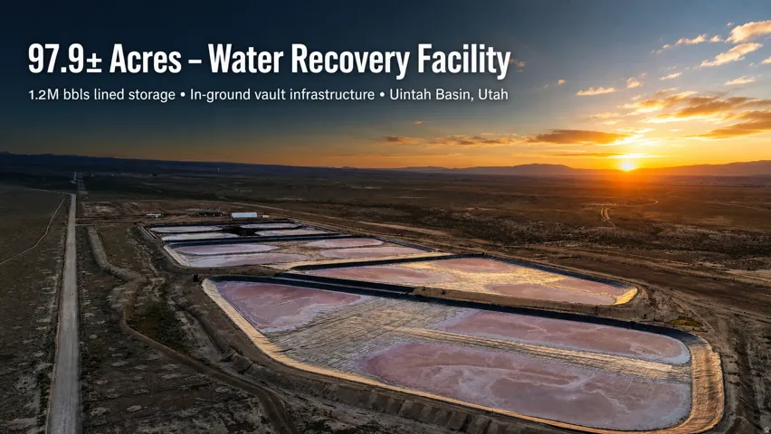 Aerial perspective of a water recovery facility featuring multiple large lined storage ponds