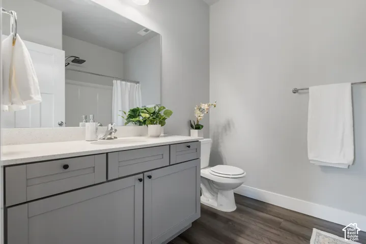 Contemporary bathroom featuring a light gray vanity with a light-toned countertop, a rectangular mirror, and wood-finish flooring