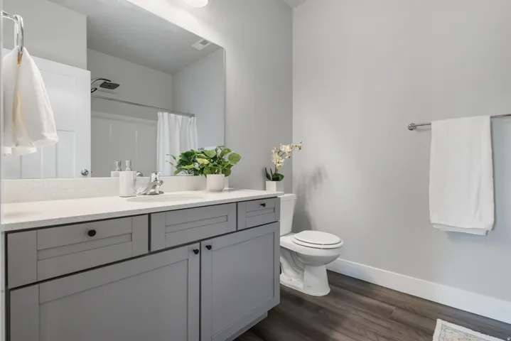 Contemporary bathroom featuring a light gray vanity with a light-toned countertop, a rectangular mirror, and wood-finish flooring