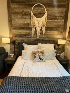 Wood-finish accent wall providing a striking focal point for the room