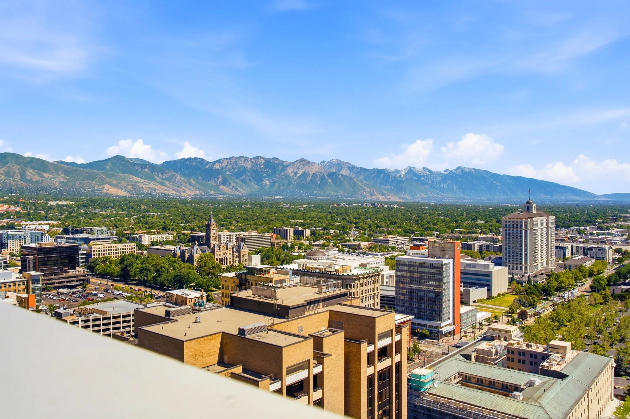 Expansive cityscape view from the rooftop featuring a collection of urban buildings, a verdant tree canopy, and distant mountains