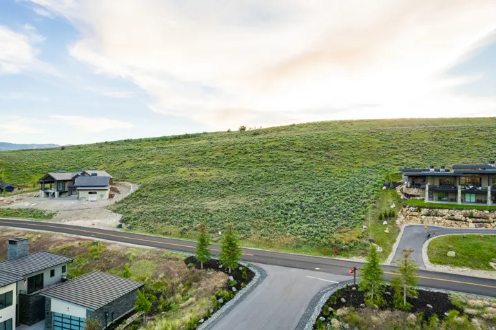 Expansive green hillside bordering properties with modern architecture