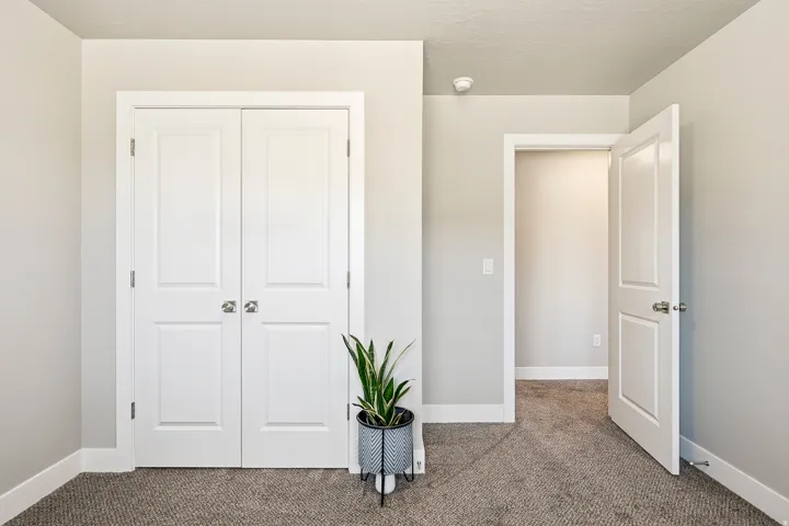 Neutral wall paint with white trim, complementing the carpeted flooring