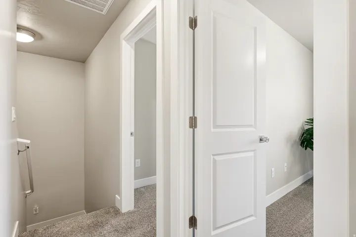 Hallway with neutral carpeting and light-toned walls, featuring a flush-mount ceiling light and white trim