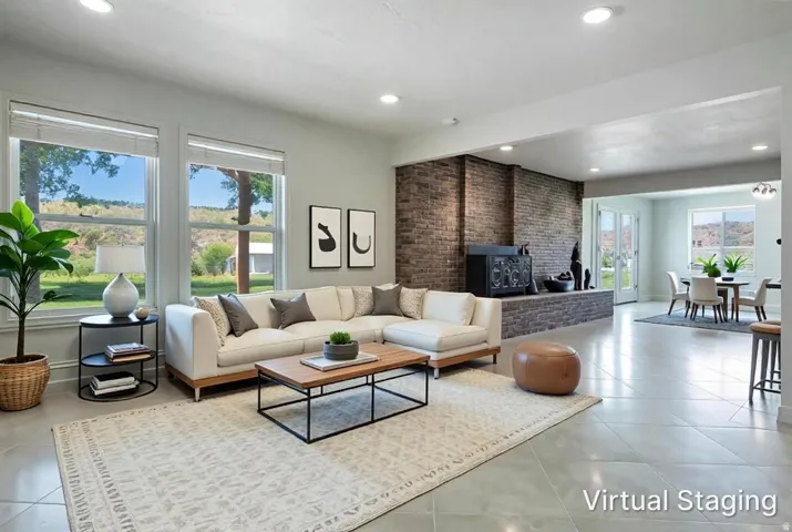Spacious living area featuring large windows, recessed lighting, and tile flooring