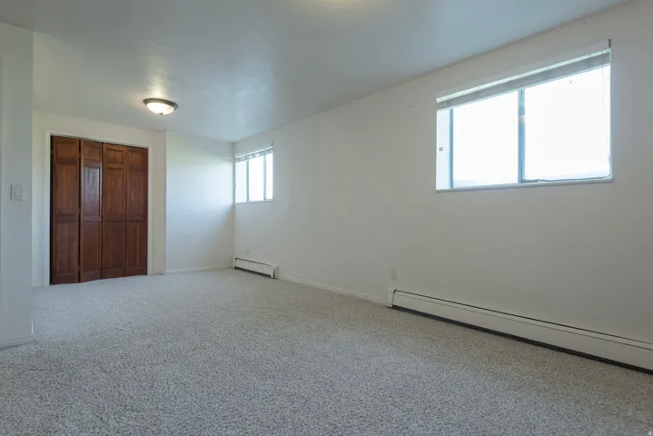 Spacious room featuring light-colored carpeting, white painted walls, and a ceiling-mounted light fixture
