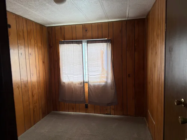 Wood-paneled room featuring a window with horizontal blinds and sheer curtains, textured ceiling, and wall-to-wall carpeting