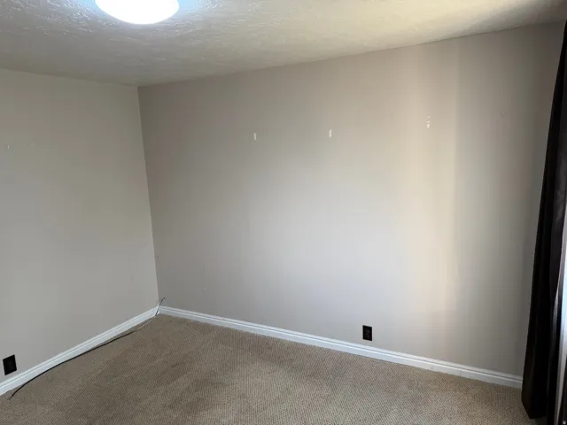 Carpeted room with neutral wall paint and white baseboards