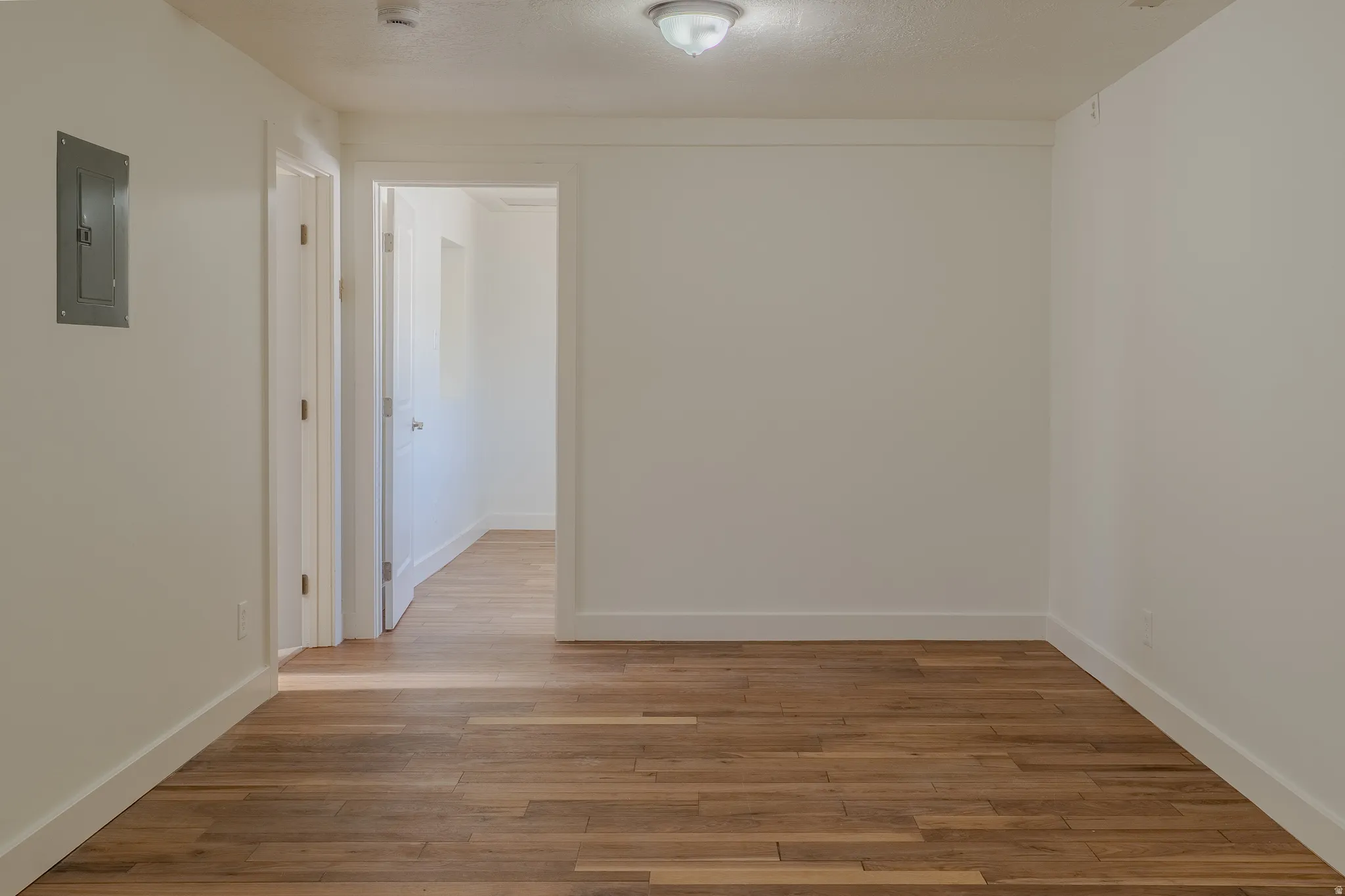 Room with wood-finish flooring, white baseboards, and white walls