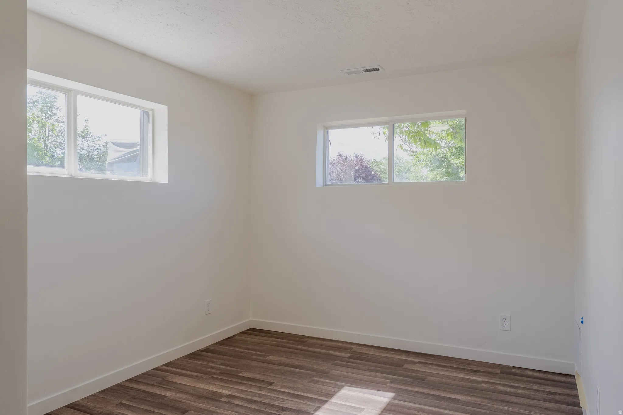 Bright interior space featuring two windows, wood-finish flooring, white baseboards, and neutral wall tones