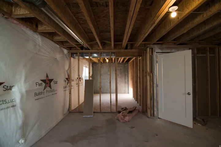 Unfinished lower level with exposed ceiling joists and wood framing