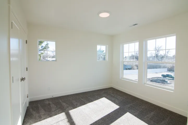 Spacious room featuring multiple windows, a flush-mount ceiling light, and neutral-toned carpeting