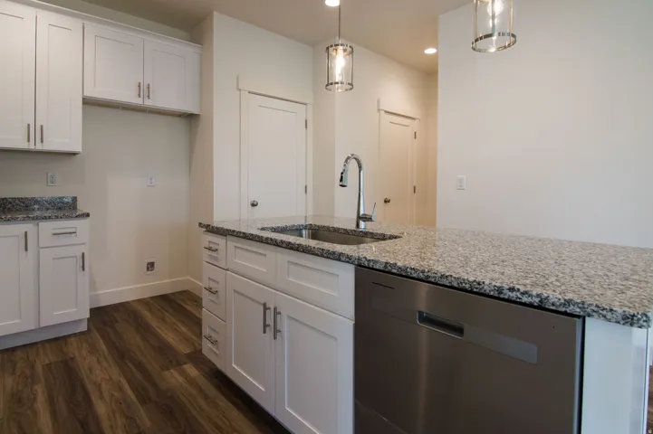 Modern kitchen featuring an island with a stainless steel dishwasher, a double-basin undermount sink, and a high-arc faucet