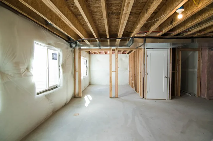 Unfinished lower level with exposed ceiling joists and concrete flooring