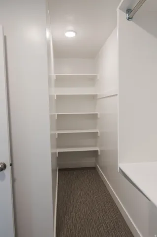 Recessed lighting illuminates a carpeted closet featuring multiple built-in shelves and a hanging rod