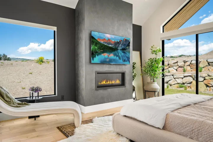 Modern fireplace with textured gray surround