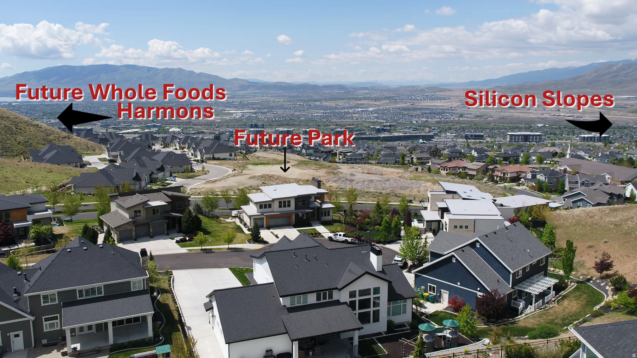 Aerial perspective showcasing the community with close access to a future park (within walking distance), close to shopping, business & schools.