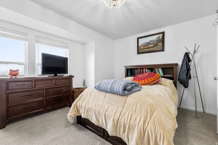 Carpeted room featuring dual windows, a ceiling-mounted light fixture, and a built-in headboard with integrated shelving