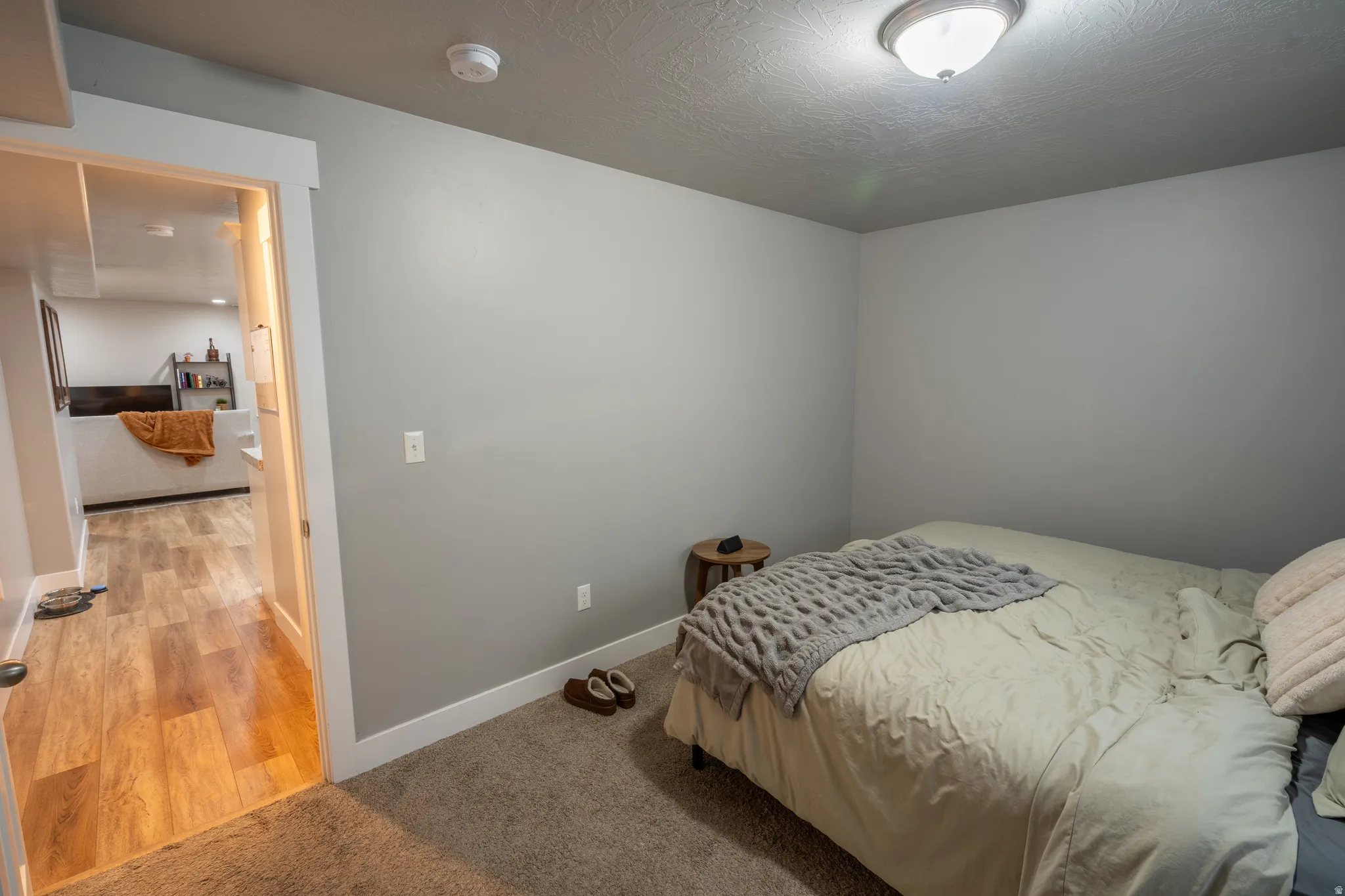 Carpeted room with light gray walls, white trim, and a flush-mount ceiling light fixture