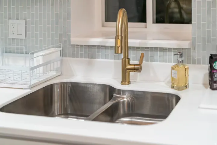 Stainless steel double-basin sink featuring a gold-toned gooseneck faucet