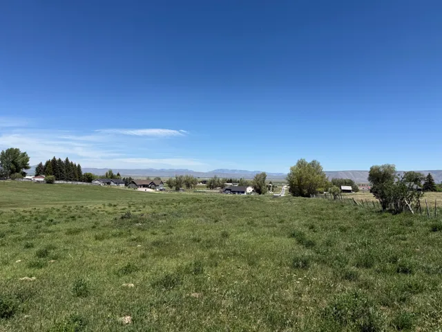 Expansive green field with distant mountain range