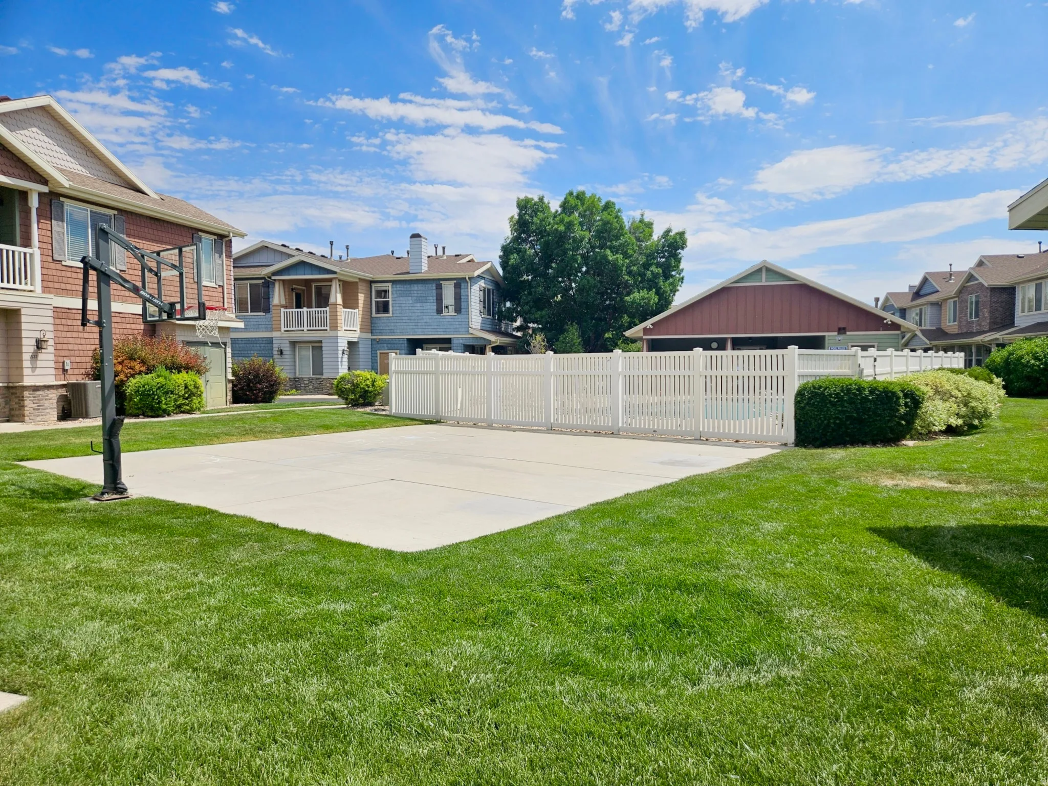 Manicured lawn area with a concrete court