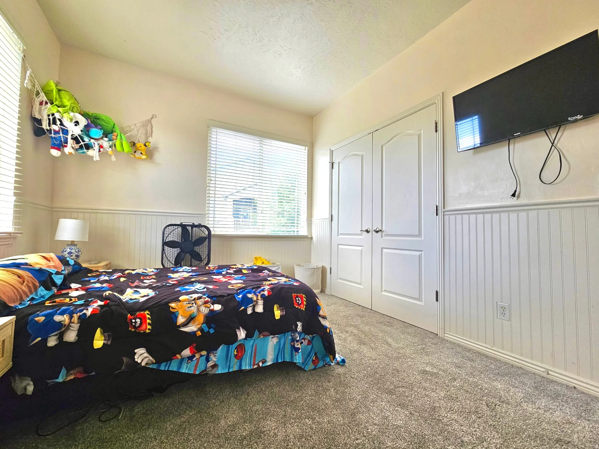 Carpeted room featuring white wainscoting and a built-in closet with double doors