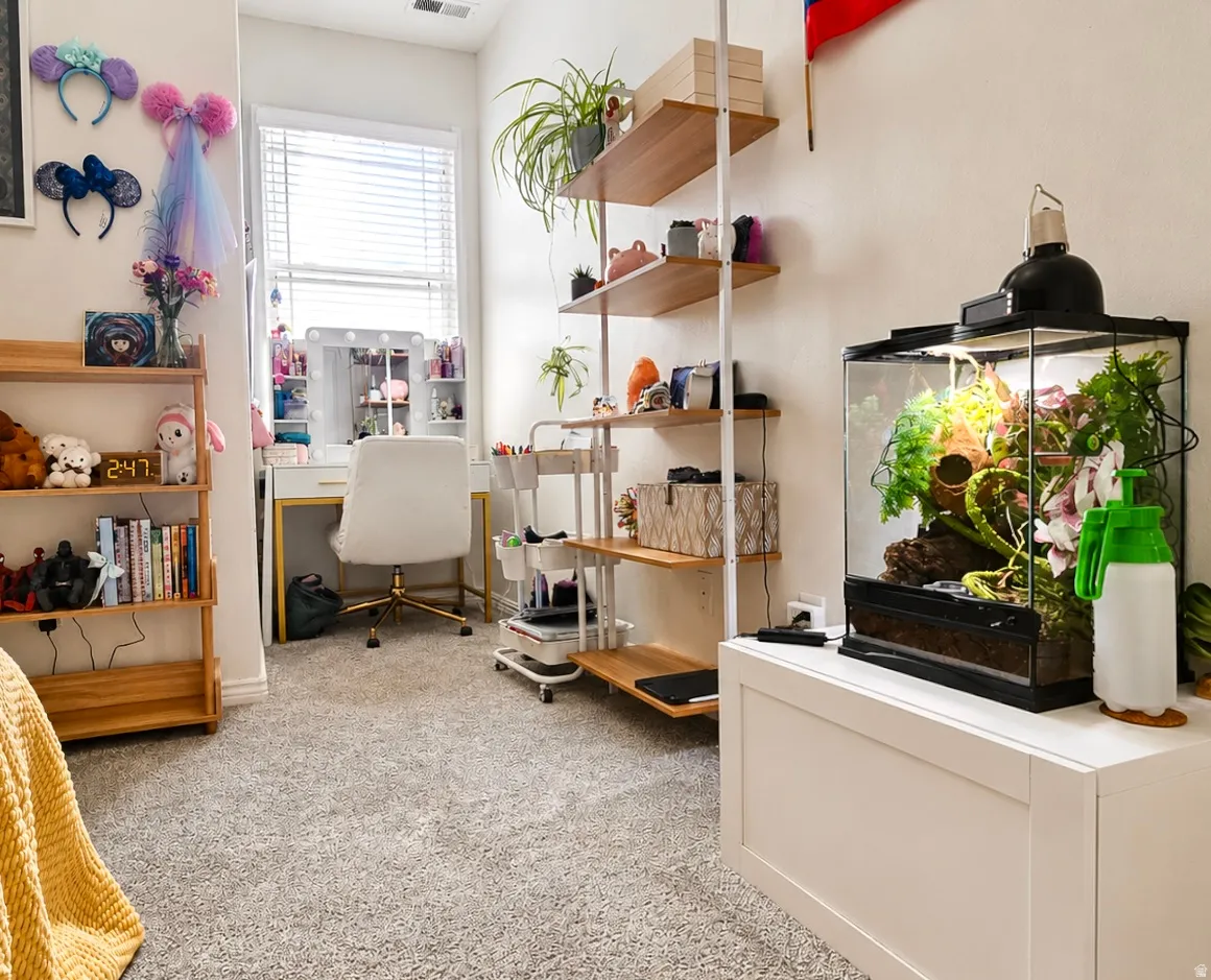 Carpeted room featuring a window with horizontal blinds, built-in shelving, and a vanity with a mirrored top
