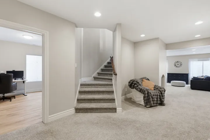 Carpeted staircase with white trim, leading to an upper level