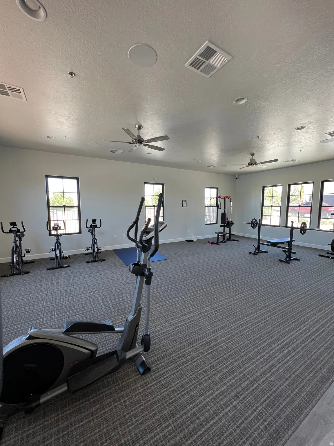 Spacious fitness area featuring carpeted flooring and multiple exercise stations