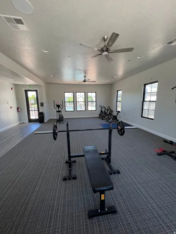 Spacious fitness area featuring patterned carpet flooring, multiple ceiling fans, recessed lighting, and large windows