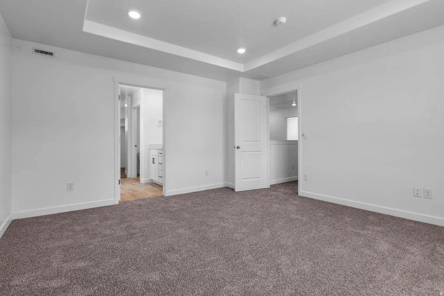 Spacious room featuring tray ceiling with recessed lighting, neutral carpet, white walls, and white trim