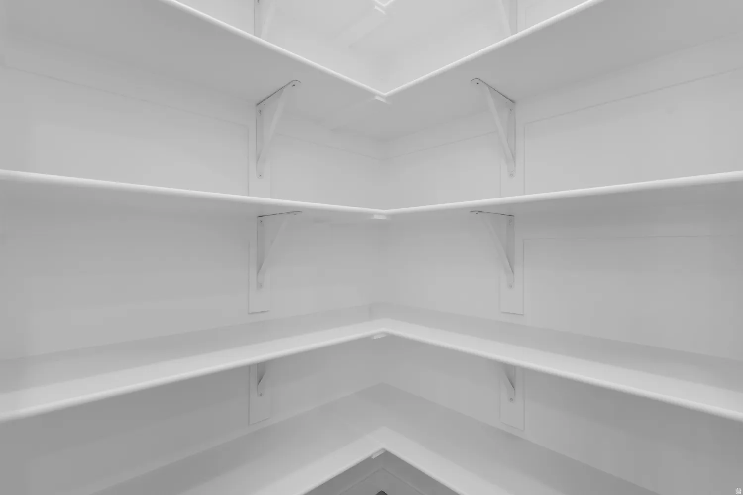 Spacious corner pantry featuring multiple tiers of white shelving