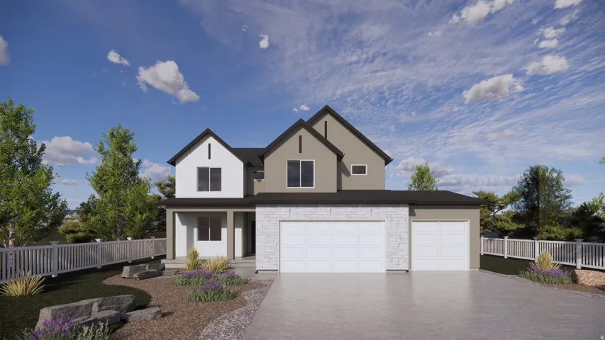 Modern two-story residence with a multi-tone exterior, featuring a stone façade accent