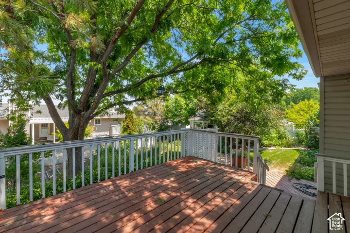 Spacious outdoor deck featuring wood flooring and a painted wood railing