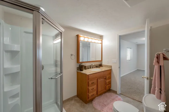 Glass-enclosed shower stall with built-in shelving, wood vanity with granite-style countertop, and a mirrored medicine cabinet with overhead lighting