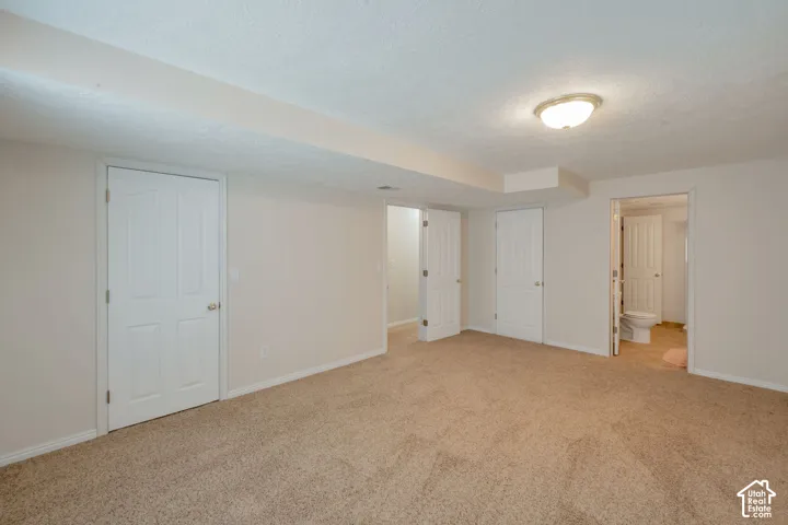 Spacious room with light-colored carpet flooring, neutral painted walls, and multiple white paneled doors