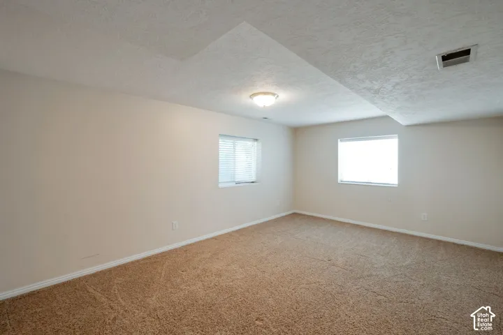 Spacious room featuring neutral carpeting, light-colored walls, and two windows with blinds