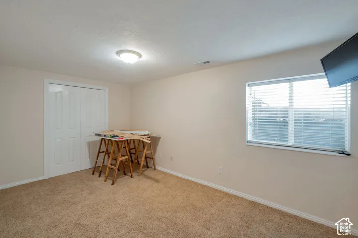 Carpeted room featuring light beige walls, a window with horizontal blinds, and a white bi-fold closet door