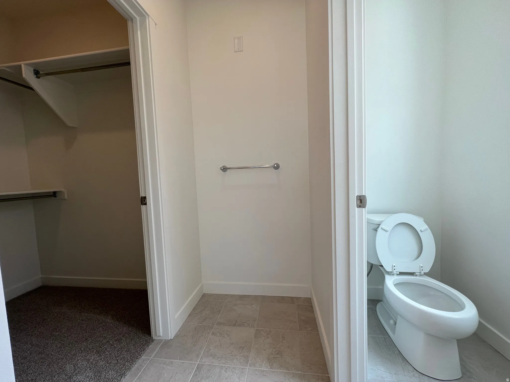 Closet with built-in shelving, carpet flooring, and a solid interior door