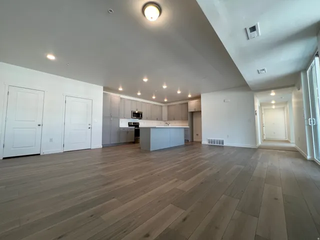 Expansive open-concept living area featuring wood-finish flooring, a modern kitchen with gray cabinetry, a central island, recessed lighting, and a sliding glass door