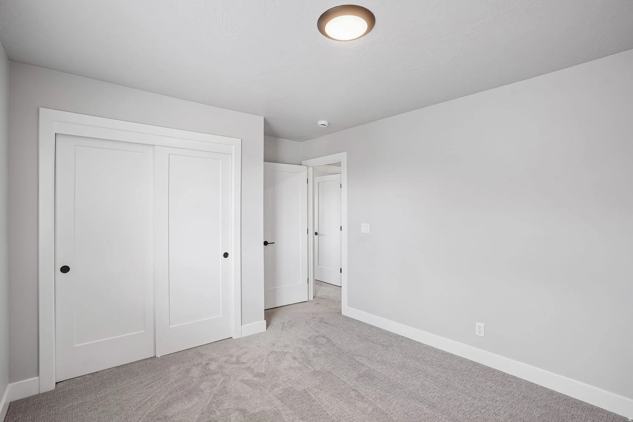 White trim, flat panel closet doors, ceiling-mounted light fixture, and gray carpeting