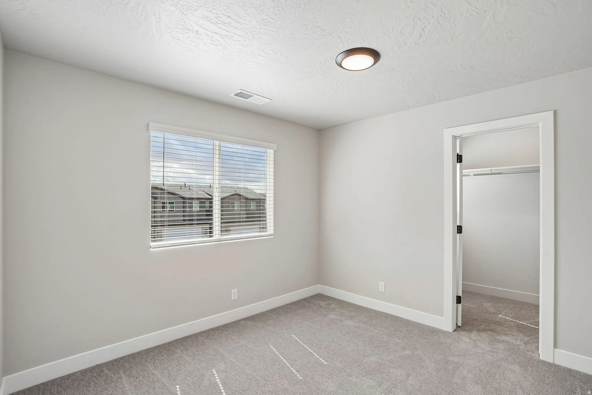 Neutral wall paint, window with blinds, flush-mount ceiling light fixture, and plush carpet
