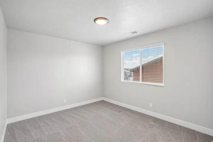 Neutral wall paint with white trim, gray carpet flooring, and a flush-mount ceiling light